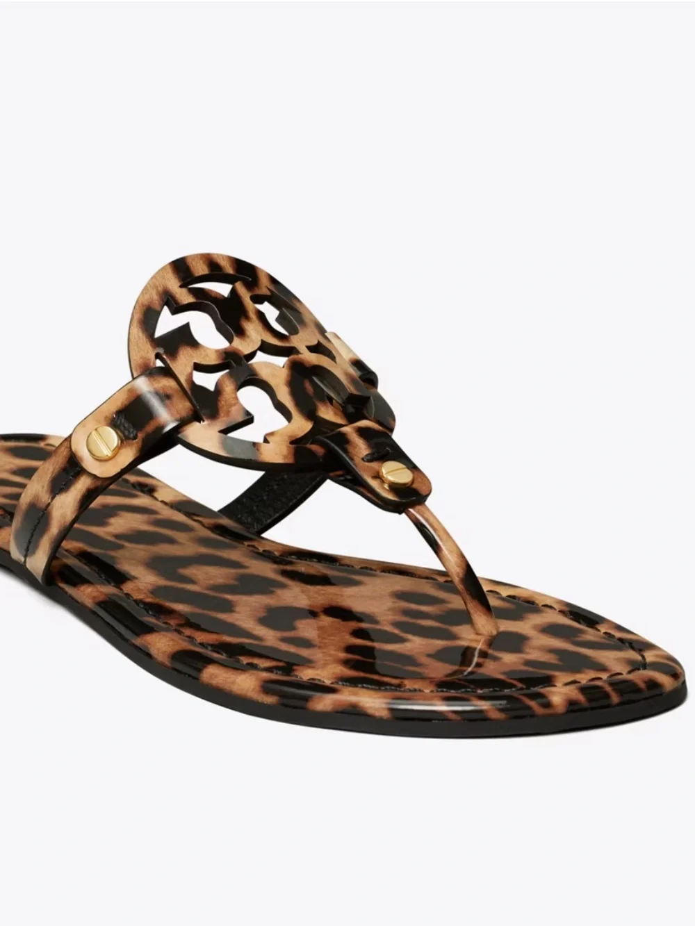 Tory Burch Patent Leather Leopard-Print Miller Thong Sandal Brown/Black Size 8